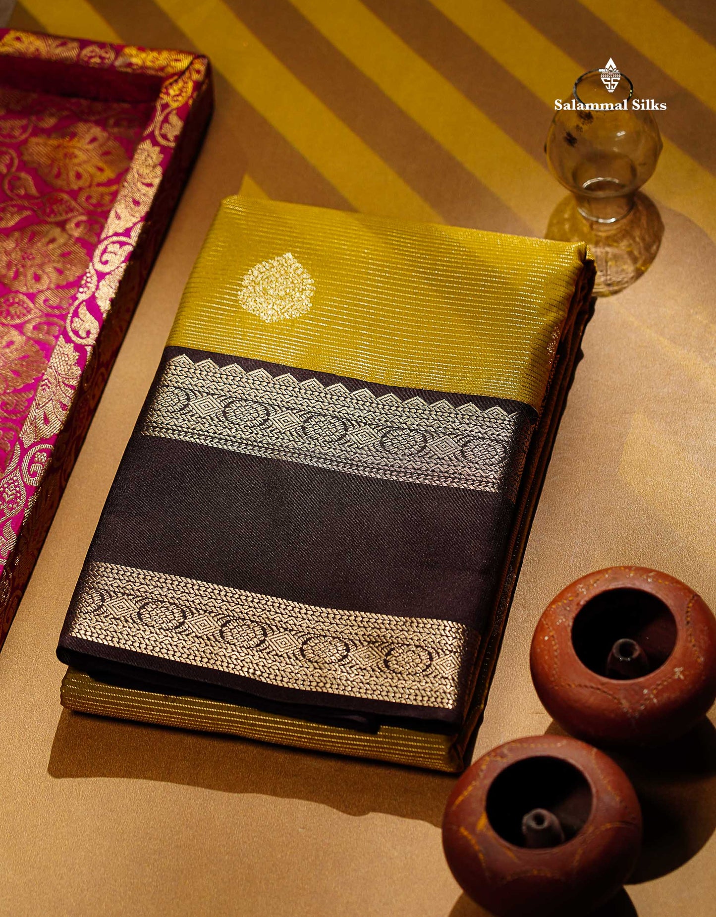 Semi Silk Saree - Manthulir Yellow Butta With Alai Vaira Oosi Lines Along With Contrast Dark Brown Traditional Rettapet Border