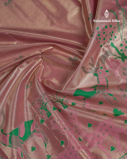 Beautiful Onion Pink Menakari Work Tissue Semi Silk Saree With Contrast Saffire Green Traditional Evening Morning Temple Border
