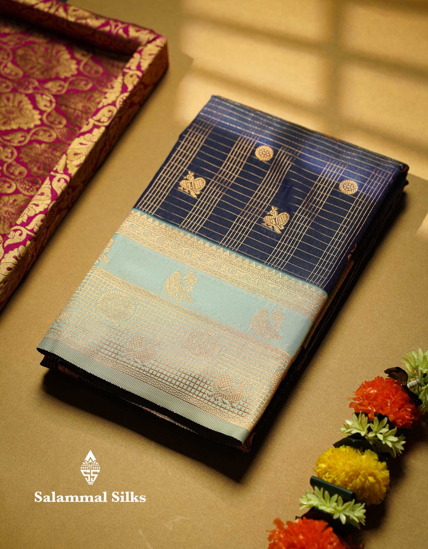 Beautiful Navy Blue Checks And Small Buttas Semi Silk Saree With Light Rexona Traditional Double Border