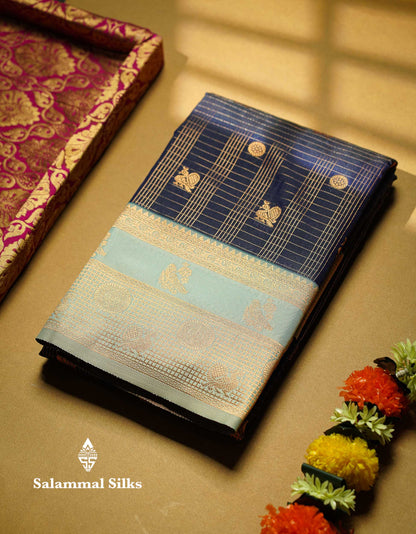 Beautiful Navy Blue Checks And Small Buttas Semi Silk Saree With Light Rexona Traditional Double Border