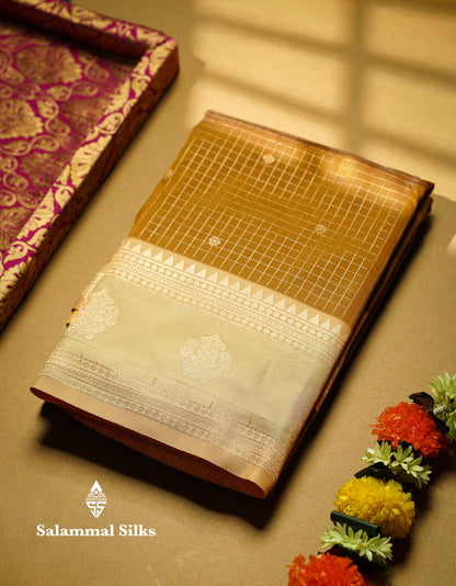 Beautiful Bottle Green Checks And Small Buttas Semi Silk Saree With Baby Pink Traditional Double Border