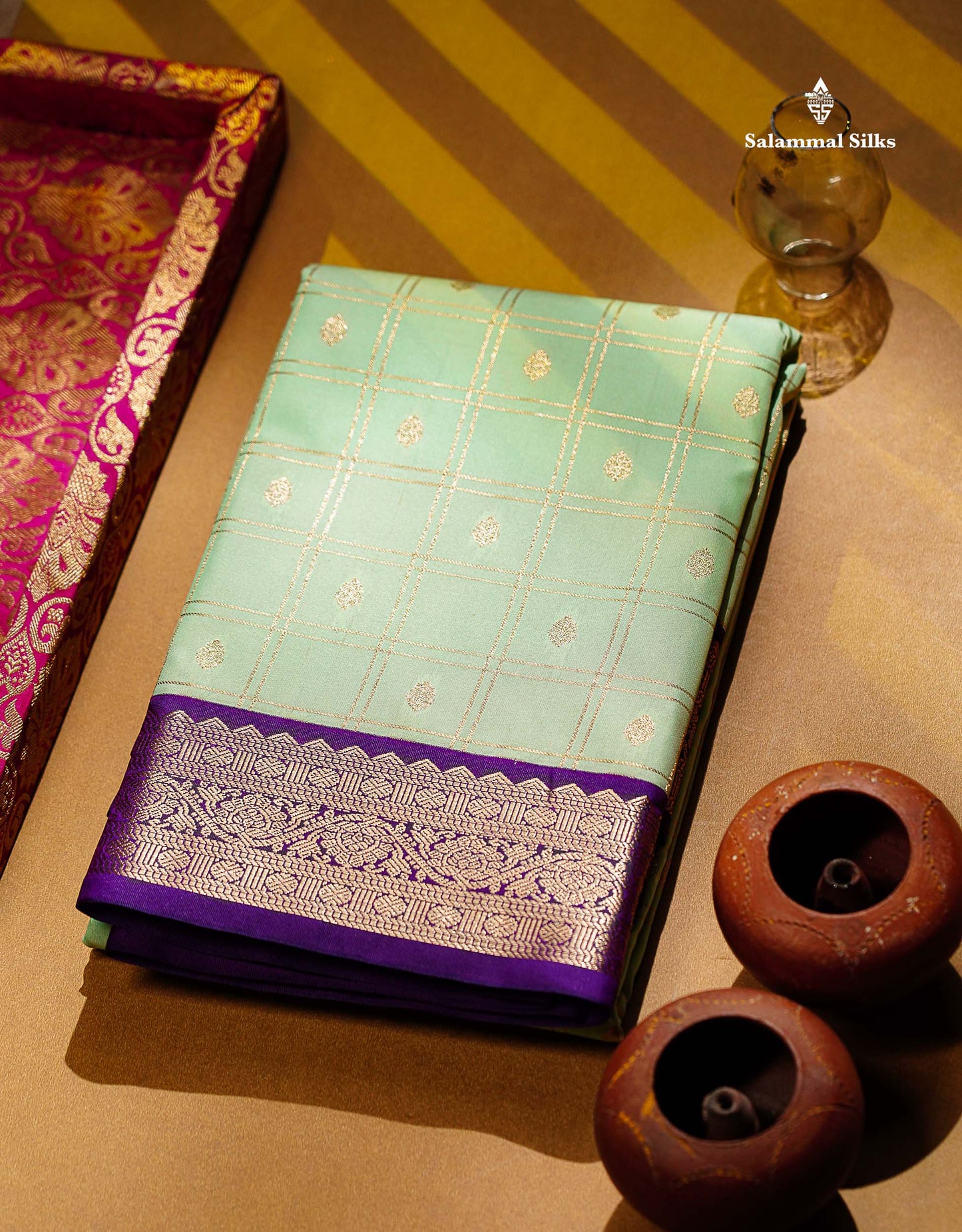 Semi Silk Saree - Light Rexona Butta With Checks Along With Contrast Dark Purple Traditional Small Border