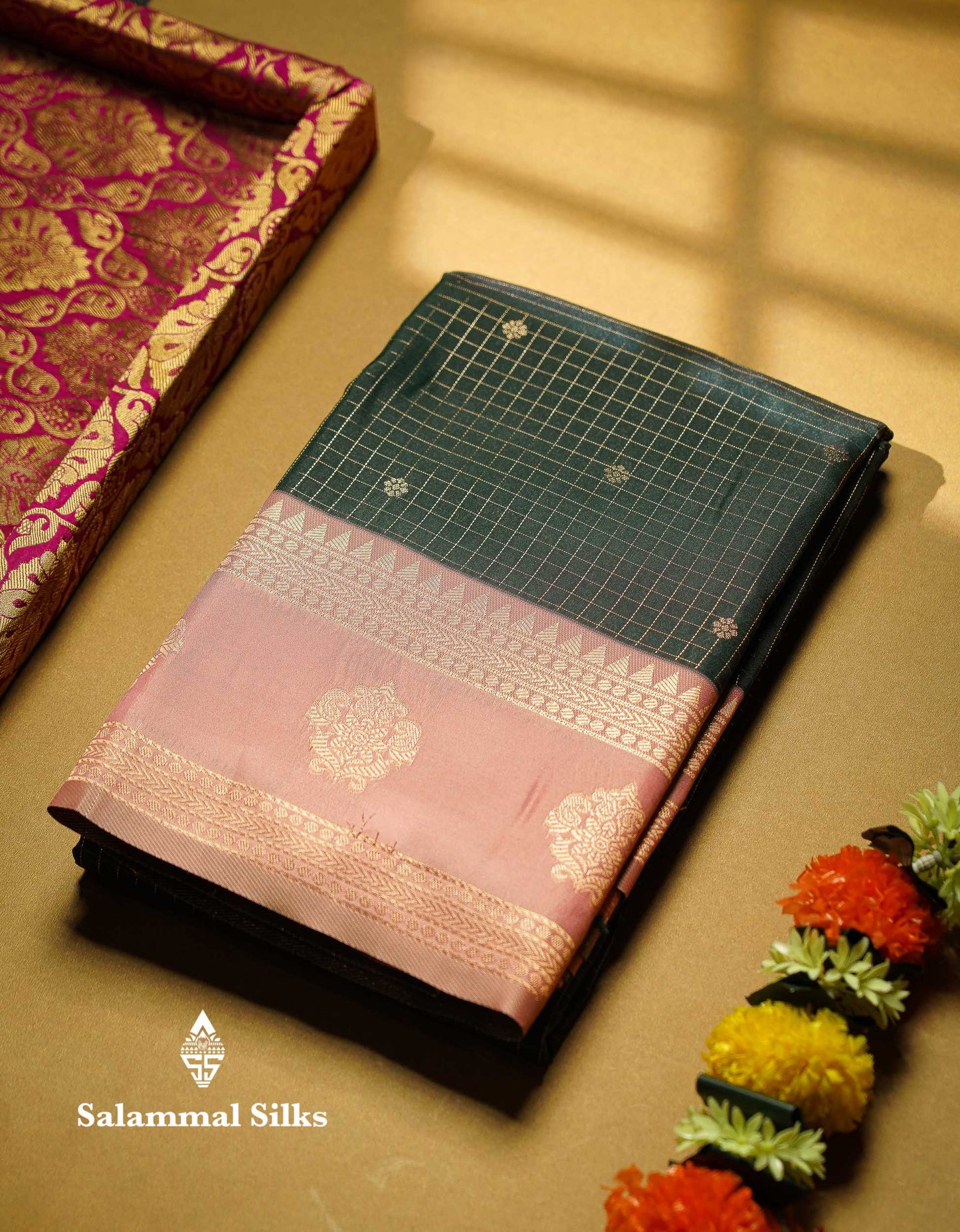 Beautiful Bottle Green Checks And Small Buttas Semi Silk Saree With Baby Pink Traditional Double Border