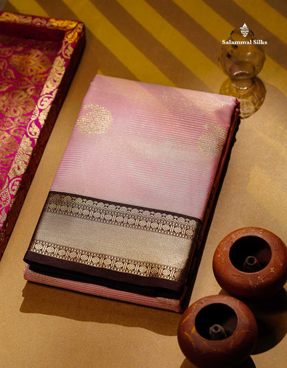Semi Silk Saree - Light Pink Mango Butta With Alai Vaira Oosi Lines Along With Contrast Dark Brown Traditional Small Border