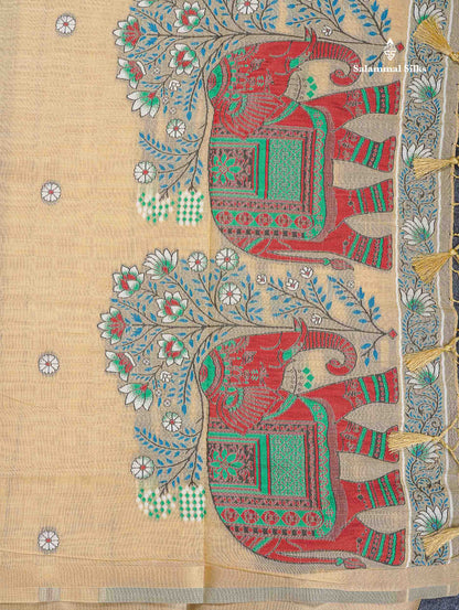 Cotton Mix Saree - Beige Colour Body & Thread Work Buttas With Blouse
