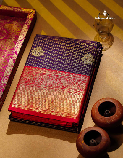 Semi Silk Saree -  Dark Purple Butta With Small Checks Along With Contrast Red Traditional Border