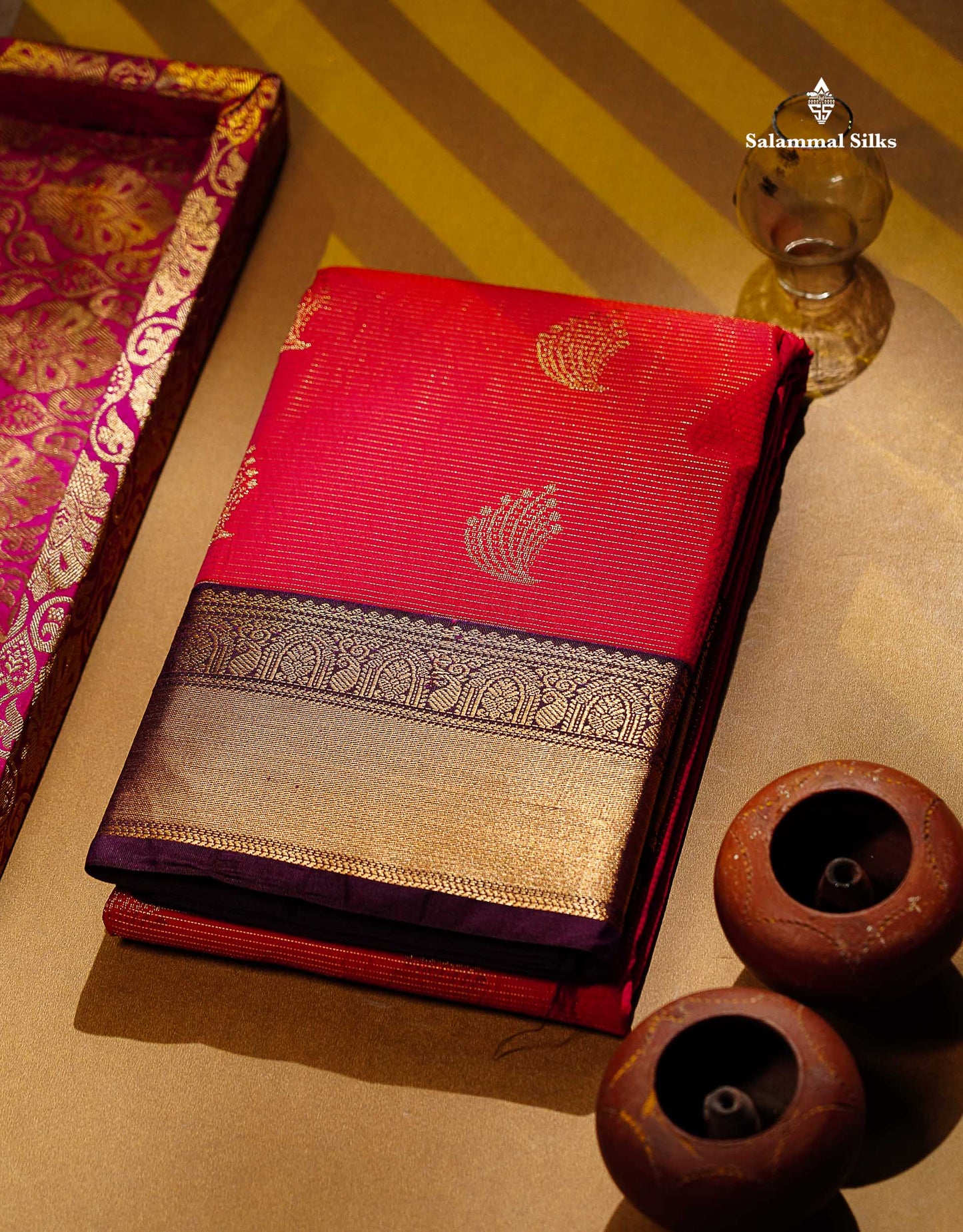 Semi Silk Saree - Rani Pink Butta With Vaira Oosi Lines Along With Contrast Dark Purple Traditional Border