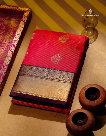 Semi Silk Saree - Rani Pink Butta With Vaira Oosi Lines Along With Contrast Dark Purple Traditional Border