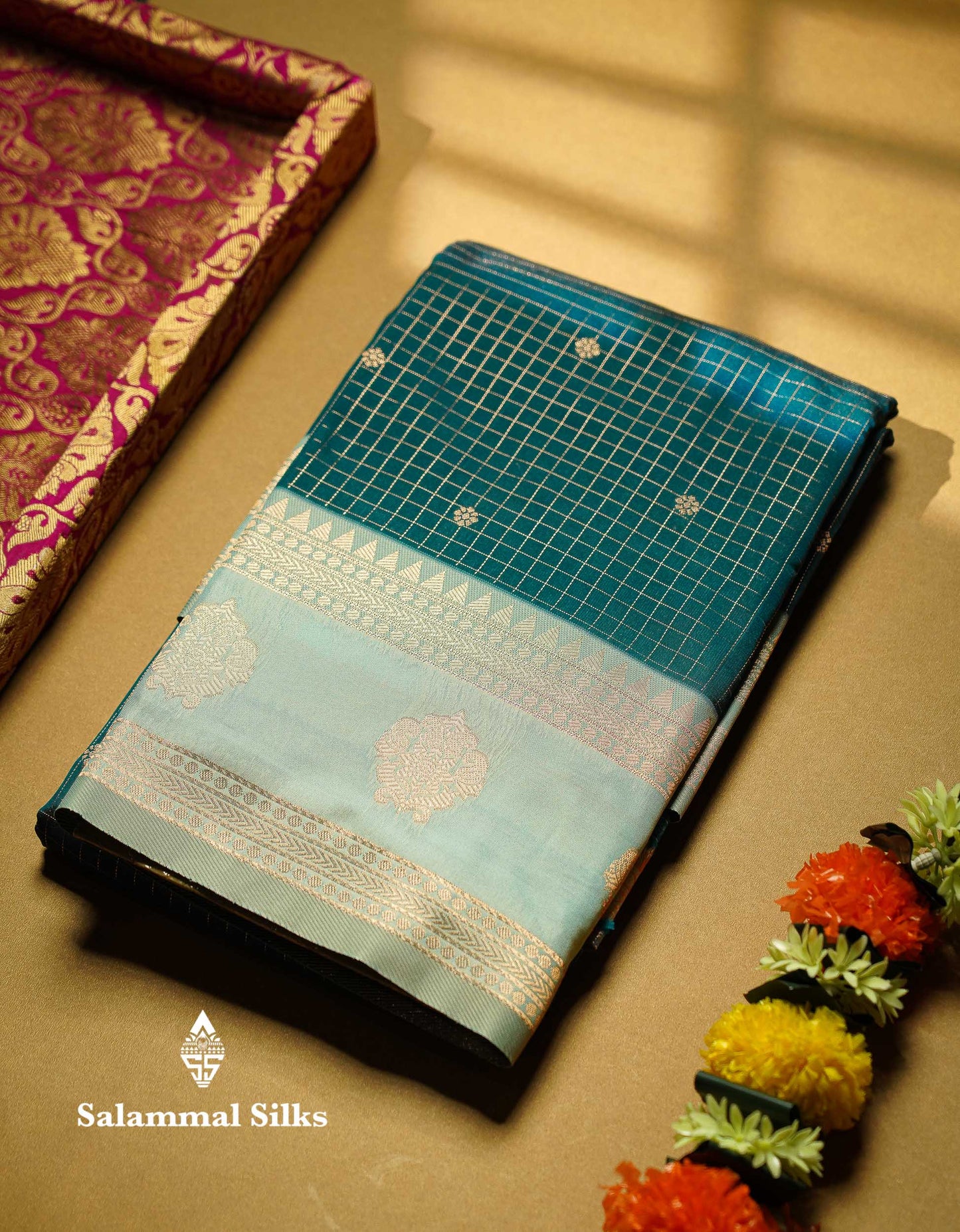 Beautiful Bottle Green Checks And Small Buttas Semi Silk Saree With Baby Pink Traditional Double Border