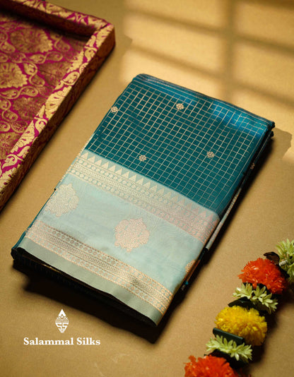 Beautiful Bottle Green Checks And Small Buttas Semi Silk Saree With Baby Pink Traditional Double Border