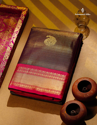 Semi Silk Saree -  Dark Maroon Mango Butta With Alai Vaira Oosi Lines Along With Contrast Redish Pink Small Traditional Border