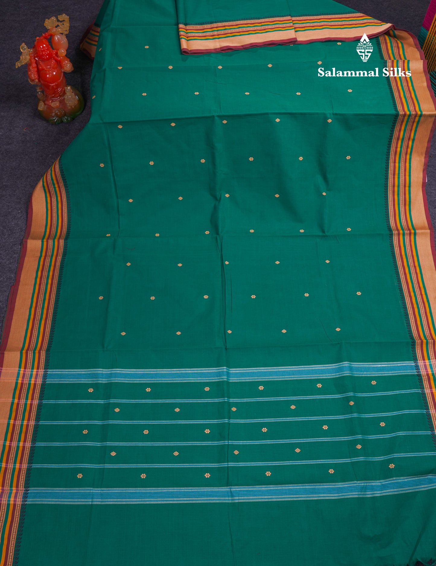 Beautiful Green Thread Work Buttas Pure Cotton Saree With Contrast Multicolour Border