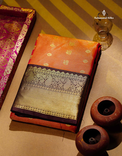 Semi Silk Saree - Light Lavender Traditional Buttas With Vaira Oosi Lines Along With Contrast Dark Brown Border