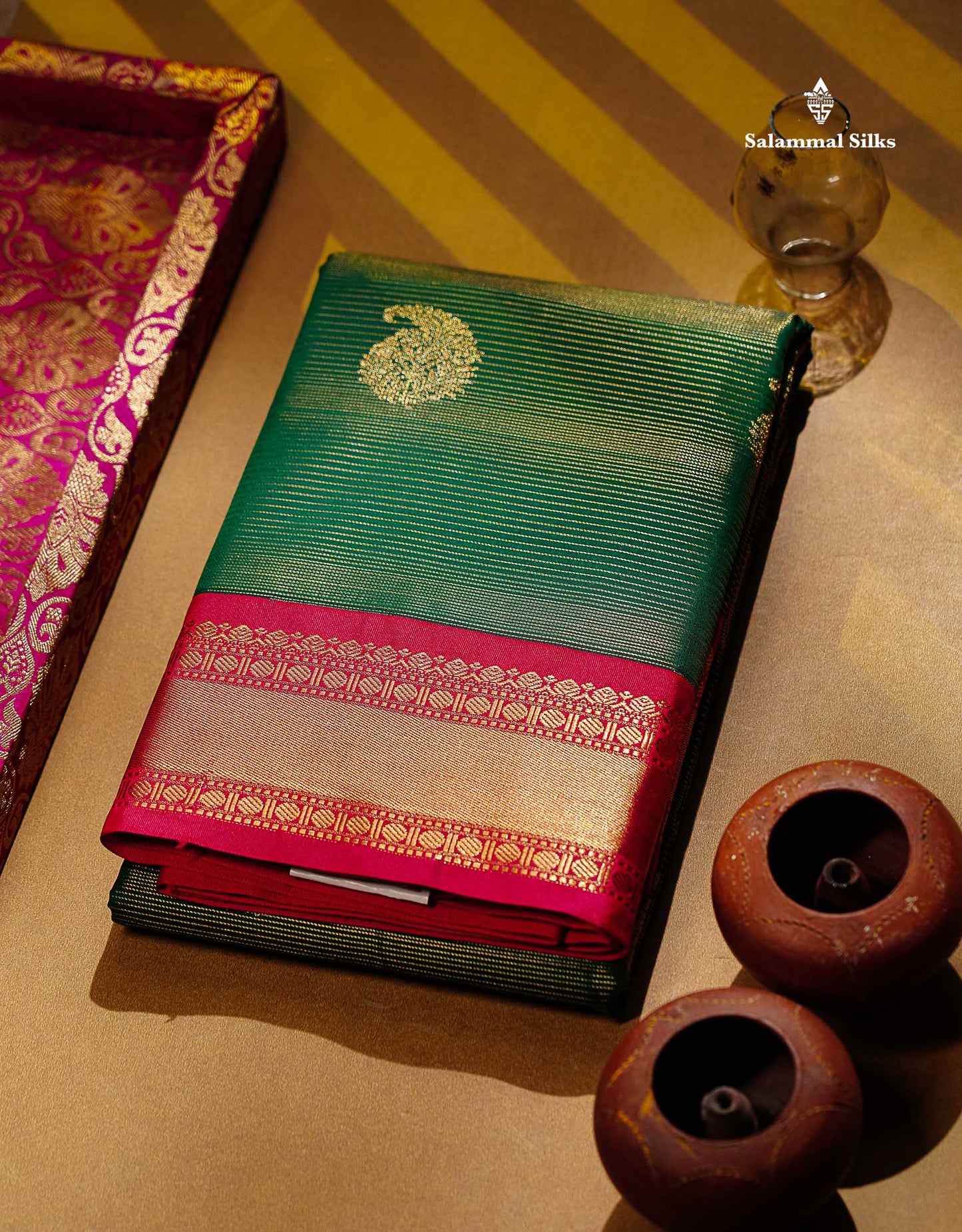 Semi Silk Saree -  Bottle Green Mango Butta With Alai Vaira Oosi Lines Along With Contrast Redish Pink Traditional Small Border