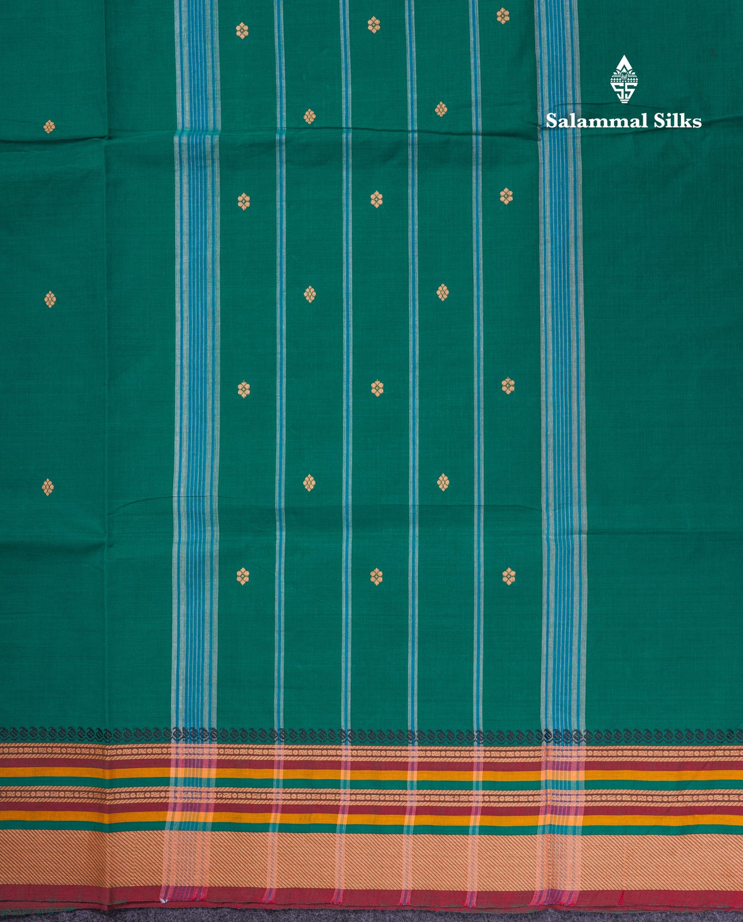 Beautiful Green Thread Work Buttas Pure Cotton Saree With Contrast Multicolour Border