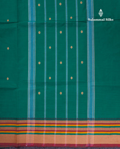 Beautiful Green Thread Work Buttas Pure Cotton Saree With Contrast Multicolour Border