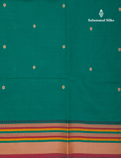 Beautiful Green Thread Work Buttas Pure Cotton Saree With Contrast Multicolour Border