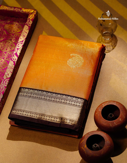 Semi Silk Saree -  Mango Yellow Butta With Alai Vaira Oosi Lines Along With Contrast Dark Brown Traditional Small Border