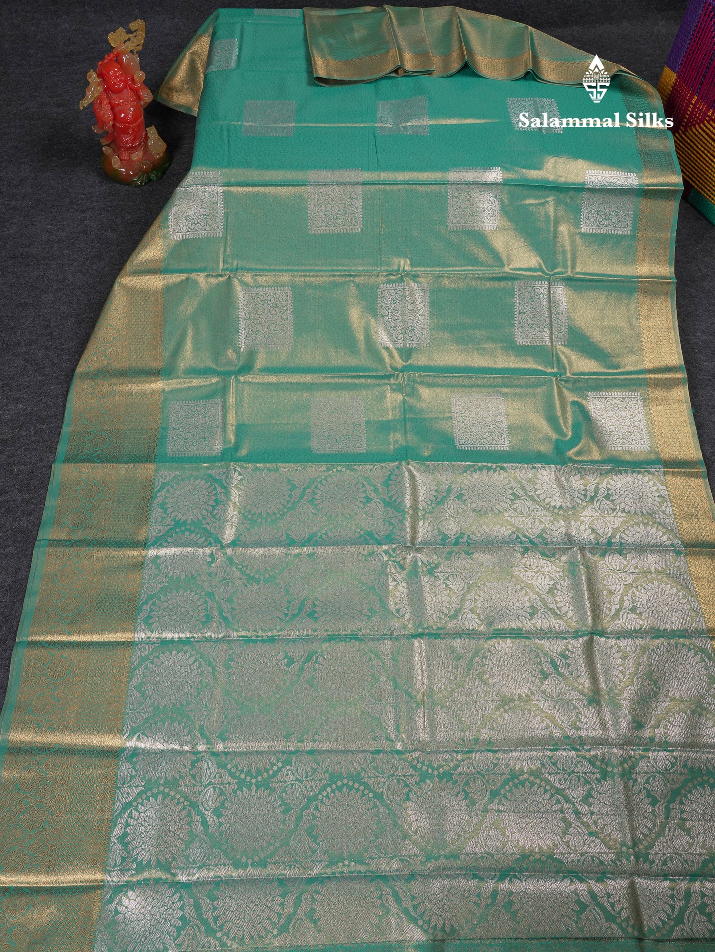 Beautiful Sapphire Green Tissue Semi Silk Saree With Traditional Evening Morning Border