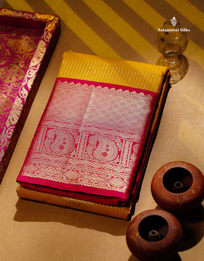 Semi Silk Saree - Yellow Butta With Lines Along With Contrast Redish Pink Traditional Evening Morning Border