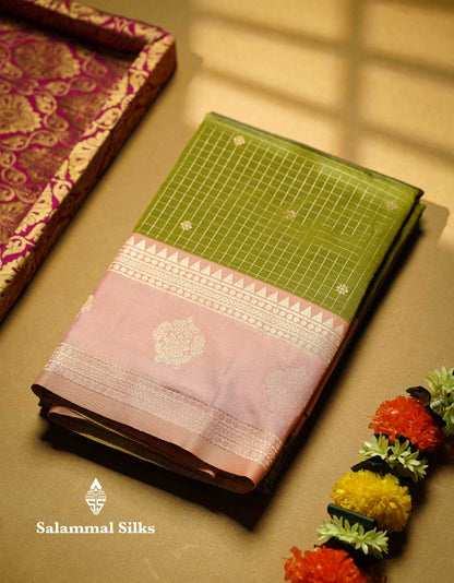 Beautiful Bottle Green Checks And Small Buttas Semi Silk Saree With Baby Pink Traditional Double Border