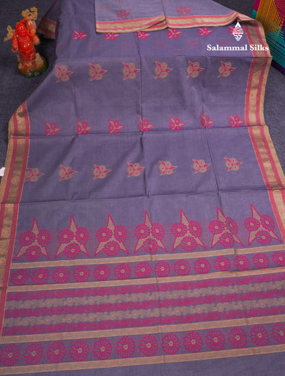Beautiful Grey Thread Work Buttas Pure Cotton Saree With Contrast Beige Border