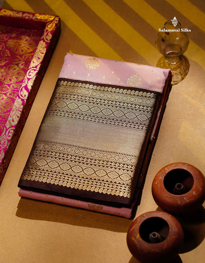 Semi Silk Saree - Baby Pink Zari Buttas With Contrast Dark Brown Traditional Evening Morning Border