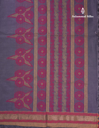 Beautiful Grey Thread Work Buttas Pure Cotton Saree With Contrast Beige Border