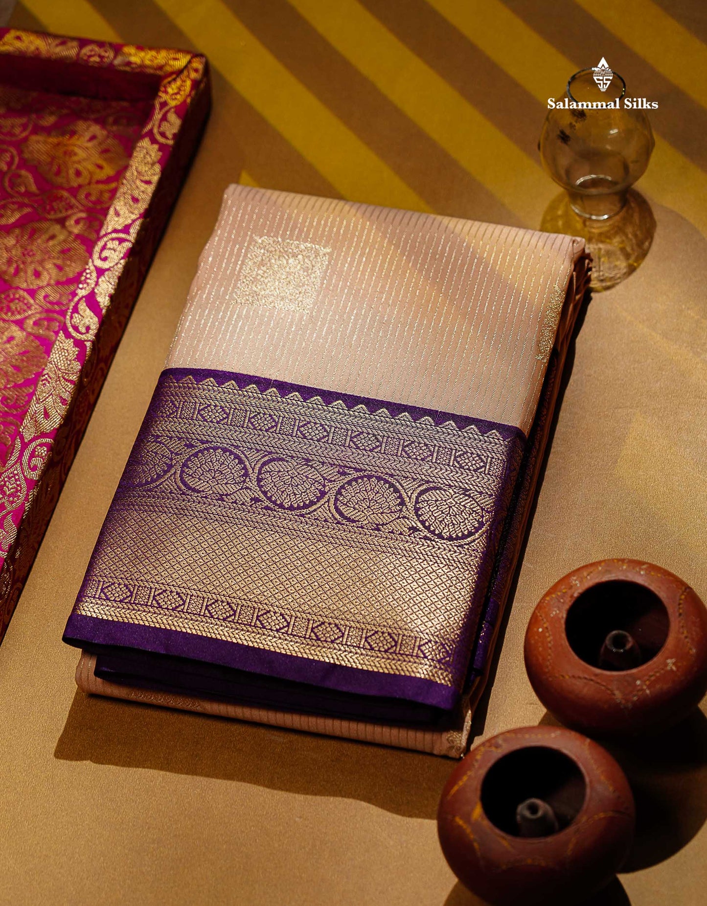 Semi Silk Saree - Rexona Green Butta With Lines Along With Contrast Dark Purple Traditional Border