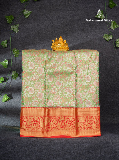 Semi Silk Pattu Pavadai Tissue (Parrot Green) with Chilly Red Blouse 27"