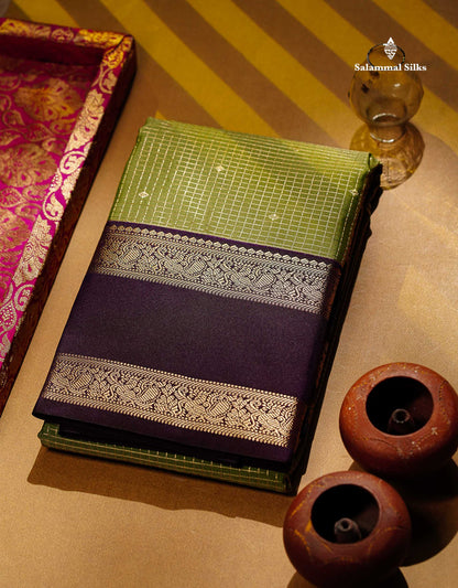 Semi Silk Saree - Manthulir Green Butta With Small Checks Along With Contrast Dark Purple Traditional Gap Border