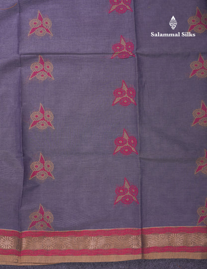 Beautiful Grey Thread Work Buttas Pure Cotton Saree With Contrast Beige Border