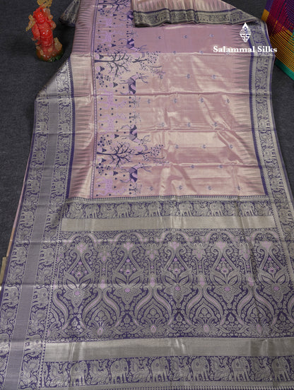 Beautiful Onion Pink Menakari Work Tissue Semi Silk Saree With Contrast Saffire Green Traditional Evening Morning Temple Border
