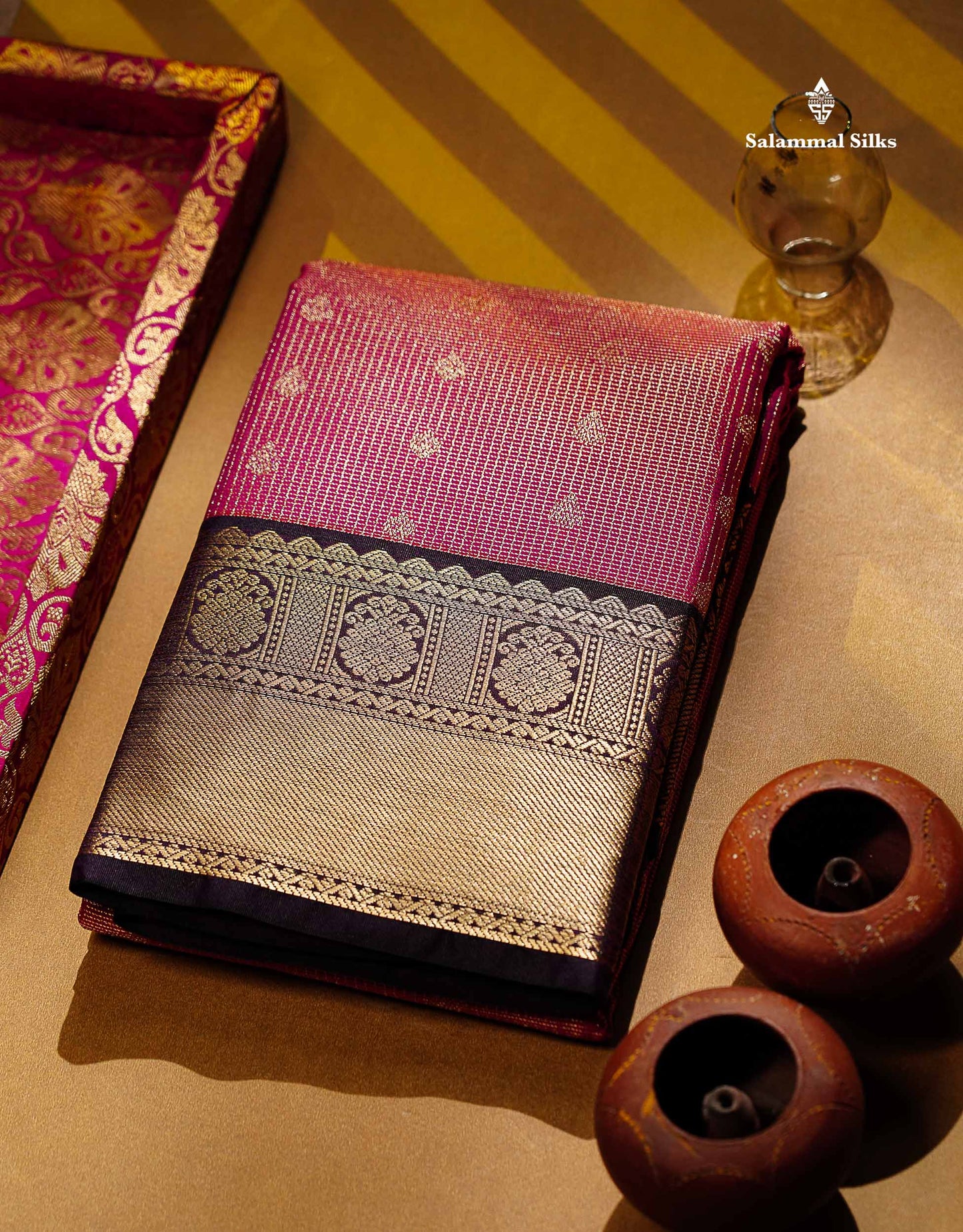 Semi Silk Saree - Pink Butta With Tiny Vaira Oosi Checks Along With Contrast Dark Purple Traditional Border