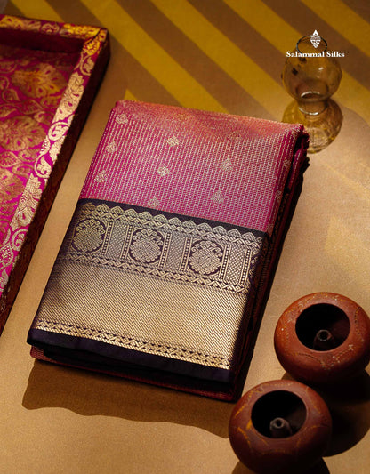 Semi Silk Saree - Pink Butta With Tiny Vaira Oosi Checks Along With Contrast Dark Purple Traditional Border