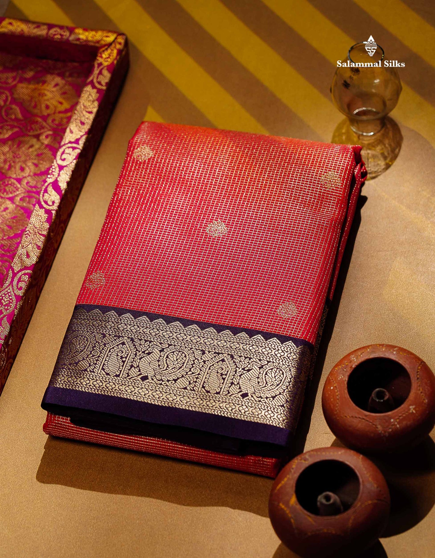 Semi Silk Saree -  Dual Tone Pink Butta With Vaira Oosi Checks Along With Contrast Dark Purple Traditional Small Border