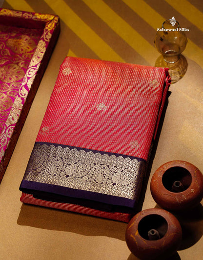 Semi Silk Saree -  Dual Tone Pink Butta With Vaira Oosi Checks Along With Contrast Dark Purple Traditional Small Border