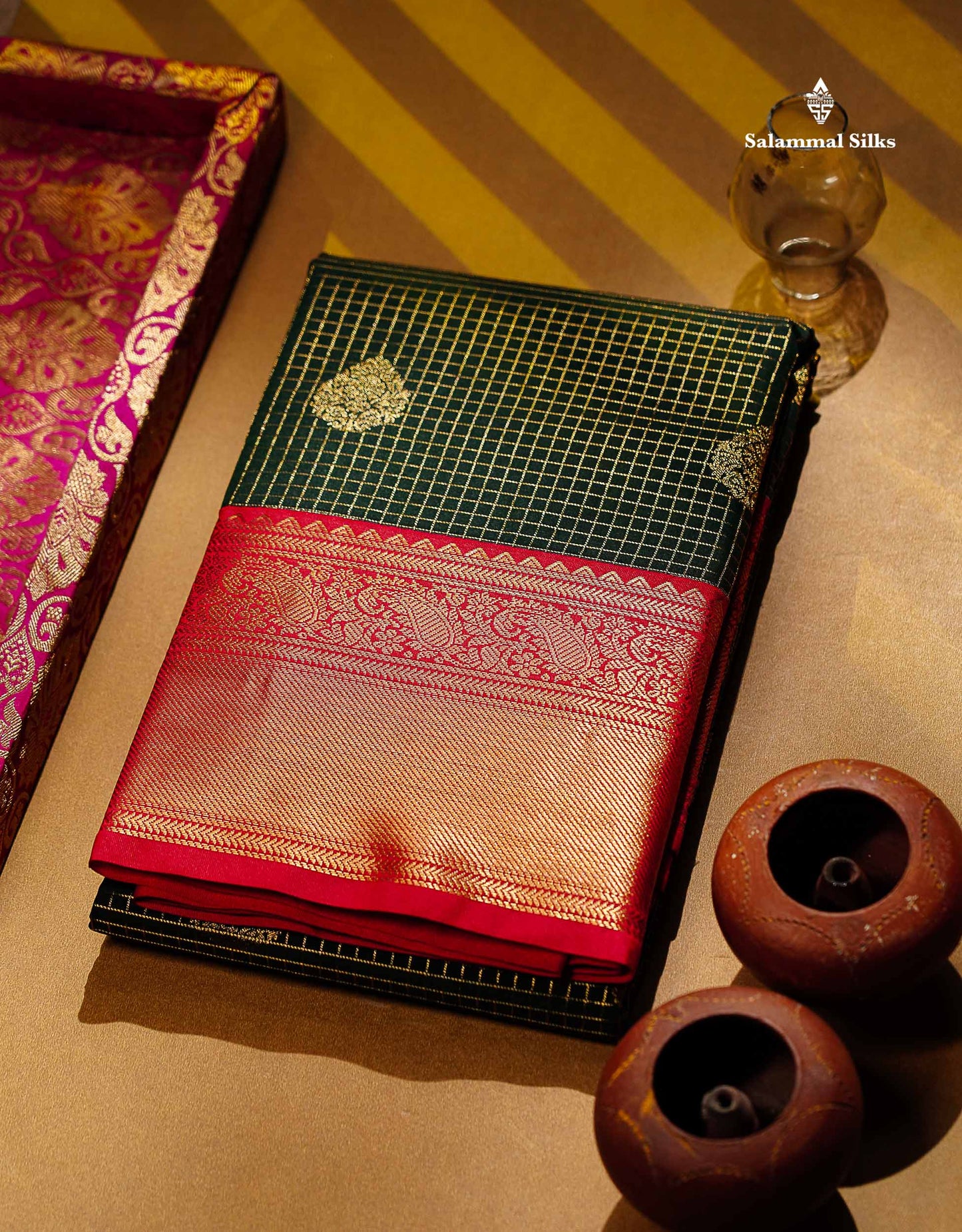Semi Silk Saree - Bottle Green Butta With Small Checks Along With Contrast Redish Pink Traditional Border