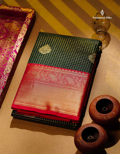 Semi Silk Saree - Bottle Green Butta With Small Checks Along With Contrast Redish Pink Traditional Border