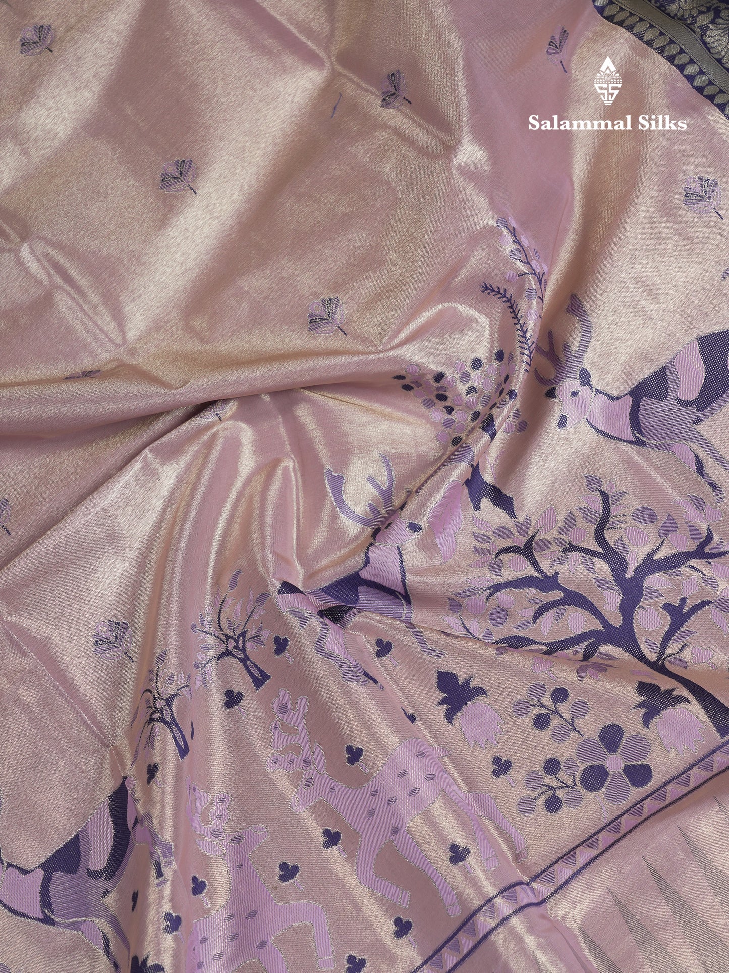 Beautiful Onion Pink Menakari Work Tissue Semi Silk Saree With Contrast Saffire Green Traditional Evening Morning Temple Border