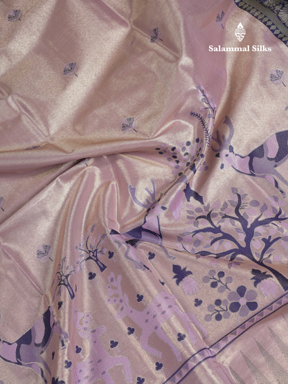 Beautiful Onion Pink Menakari Work Tissue Semi Silk Saree With Contrast Saffire Green Traditional Evening Morning Temple Border