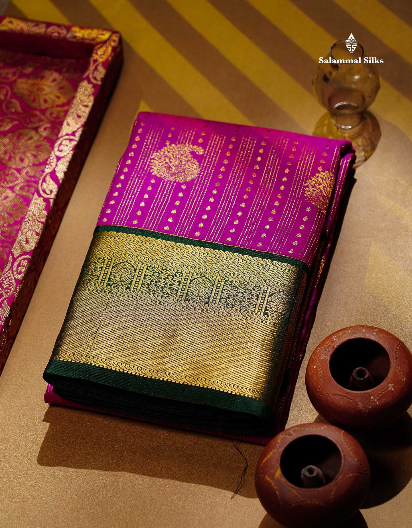 Semi Silk Saree -  Rani Pink Mango Butta With Lines Along With Contrast Bottle Green Border
