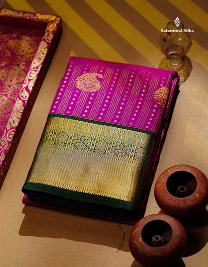 Semi Silk Saree -  Rani Pink Mango Butta With Lines Along With Contrast Bottle Green Border