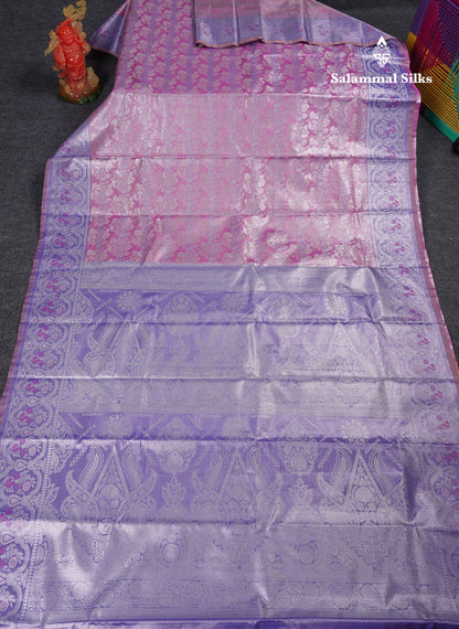 Beautiful Light Lavender Tissue Semi Silk Saree With Contrast Pink Blouse