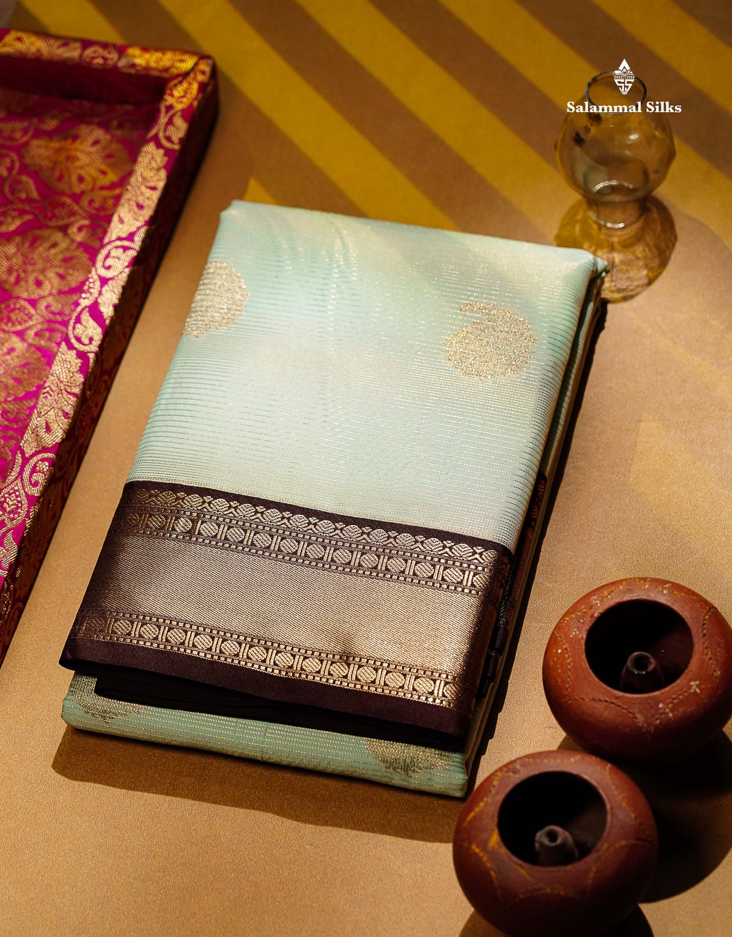 Semi Silk Saree -  Light Rexona Mango Butta With Alai Vaira Oosi Lines Along With Contrast Dark Brown Traditional Small Border