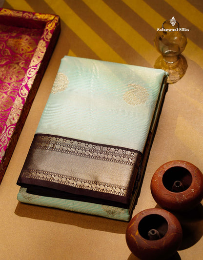 Semi Silk Saree -  Light Rexona Mango Butta With Alai Vaira Oosi Lines Along With Contrast Dark Brown Traditional Small Border