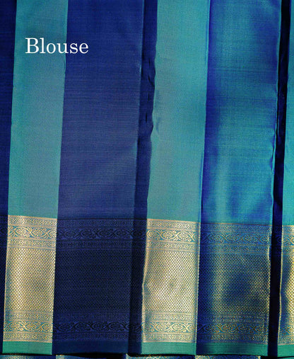 Beautiful Dual Tone Peacock Blue Elephant & Peacock Butta 2G Zari Bridal Pure Kanjivaram Silk Saree With Traditional Border