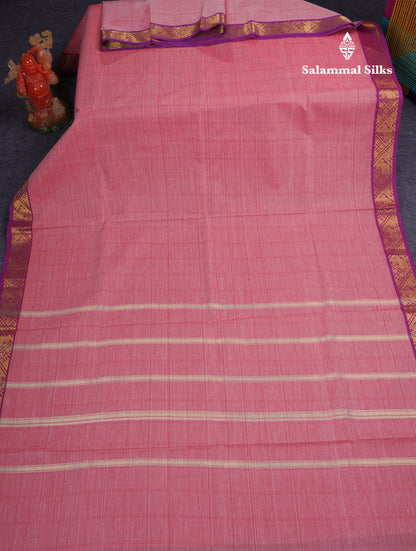 Beautiful Light Pink Thread Checks Pure Cotton Saree With Contrast Violet Border