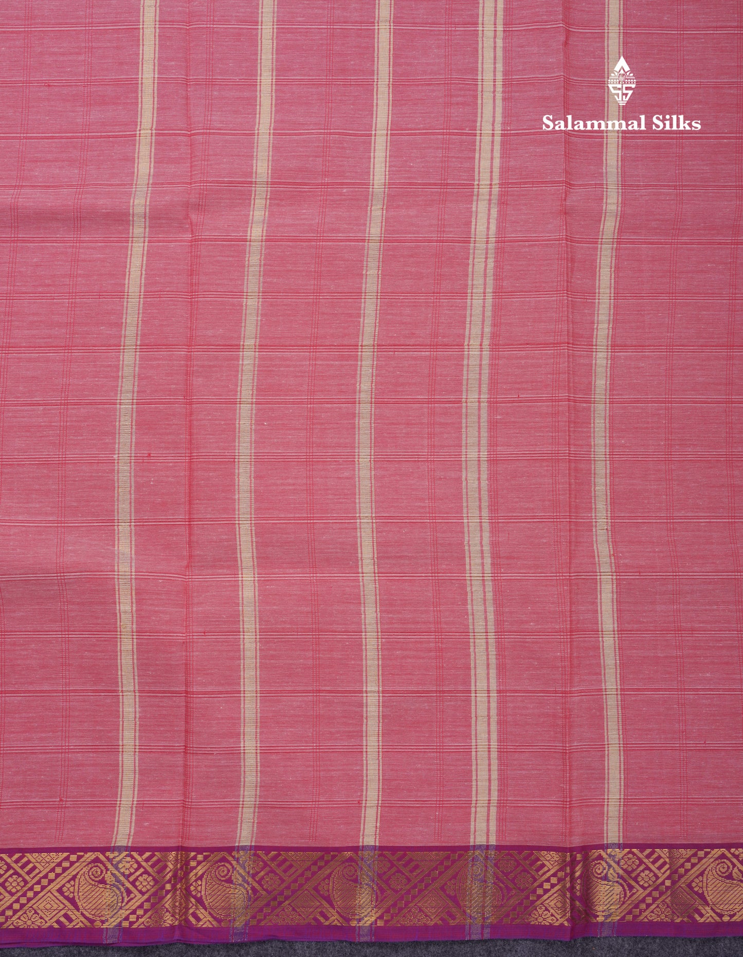 Beautiful Light Pink Thread Checks Pure Cotton Saree With Contrast Violet Border