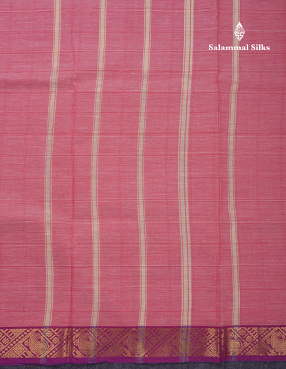 Beautiful Light Pink Thread Checks Pure Cotton Saree With Contrast Violet Border
